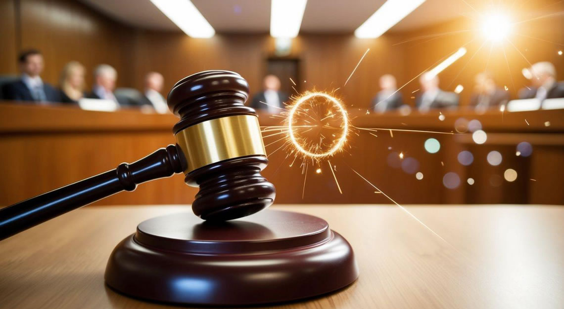 A gavel striking a podium in a courtroom