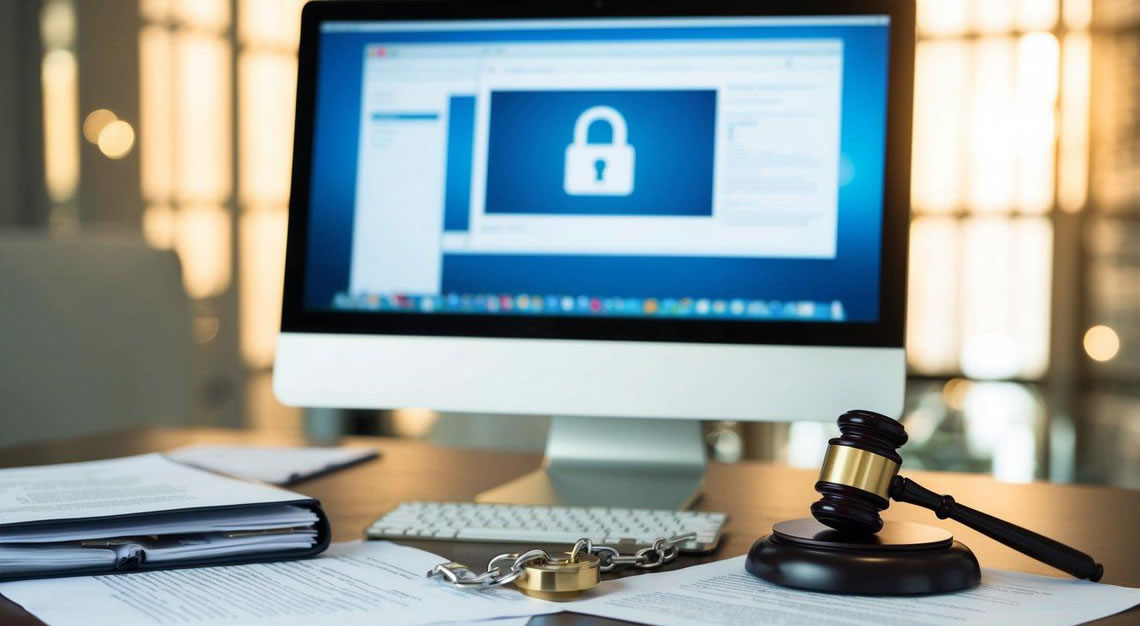 A computer with a lock and chain, surrounded by legal documents and a gavel