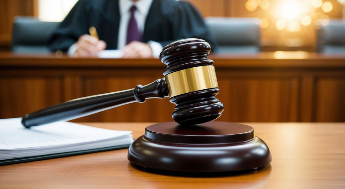 A gavel striking a judge's bench in a courtroom