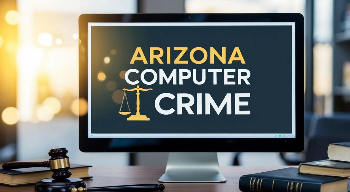 A computer monitor displaying the Arizona computer crime statute with a gavel and law book nearby