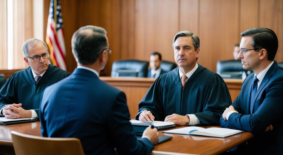 A courtroom with a judge, lawyers, and defendant discussing computer crime statute in Arizona